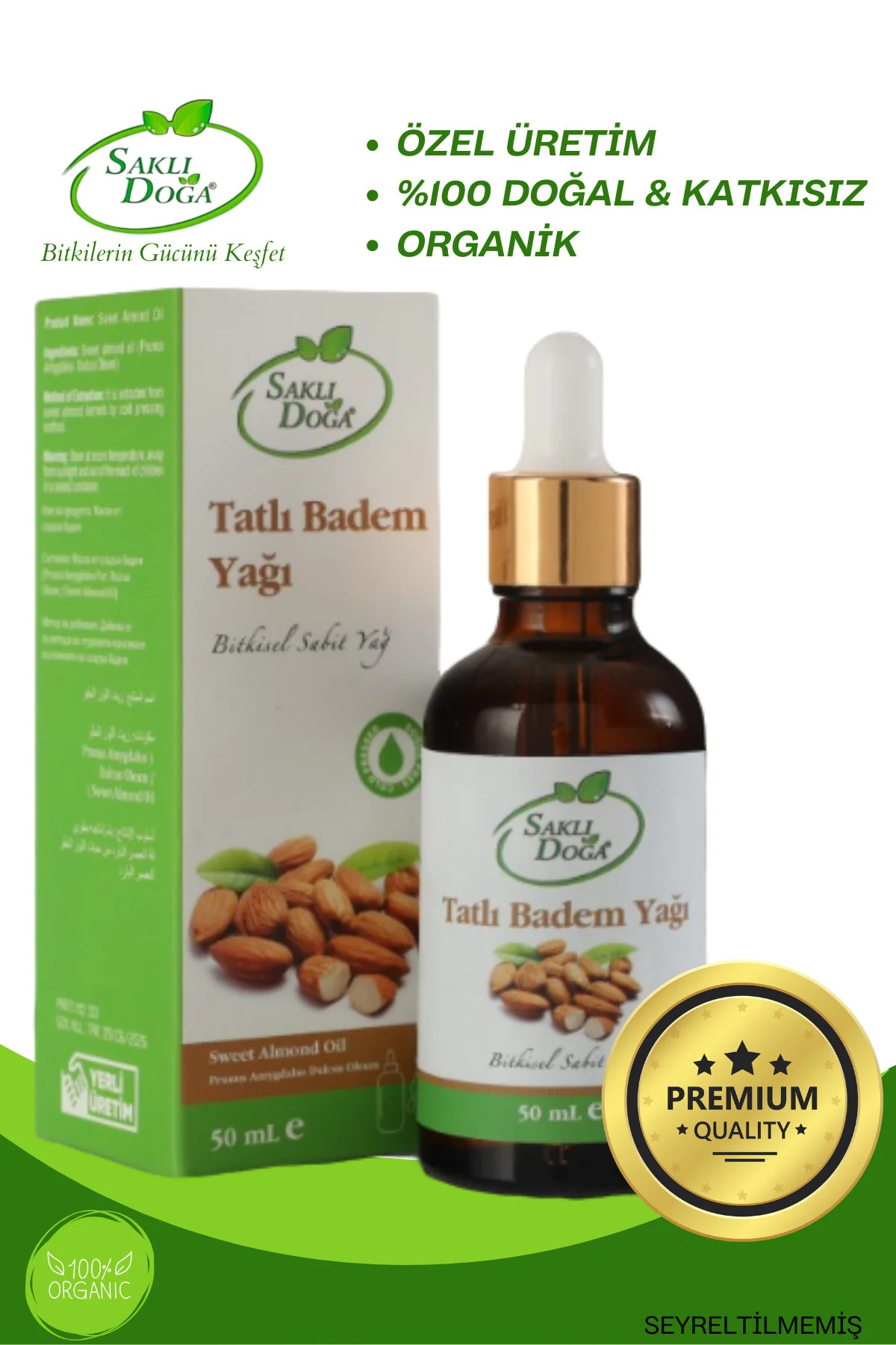Saklı Doğa Soğuk Sıkım Tatlı Badem Yağı - %100 Doğal ve Katkısız 50 ml